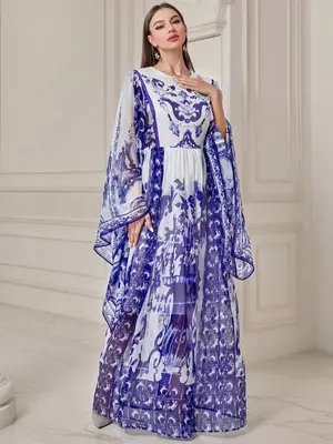 Arabic Clothing-Ethnic Pattern Ruched Flounce Sleeve Chiffon Dress, Elegant Long Sleeve Round Neck A Line Dress For Vacation...