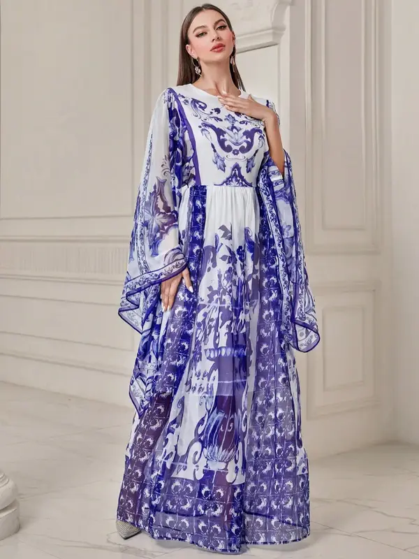 Arabic Clothing-Ethnic Pattern Ruched Flounce Sleeve Chiffon Dress, Elegant Long Sleeve Round Neck A Line Dress For Vacation...