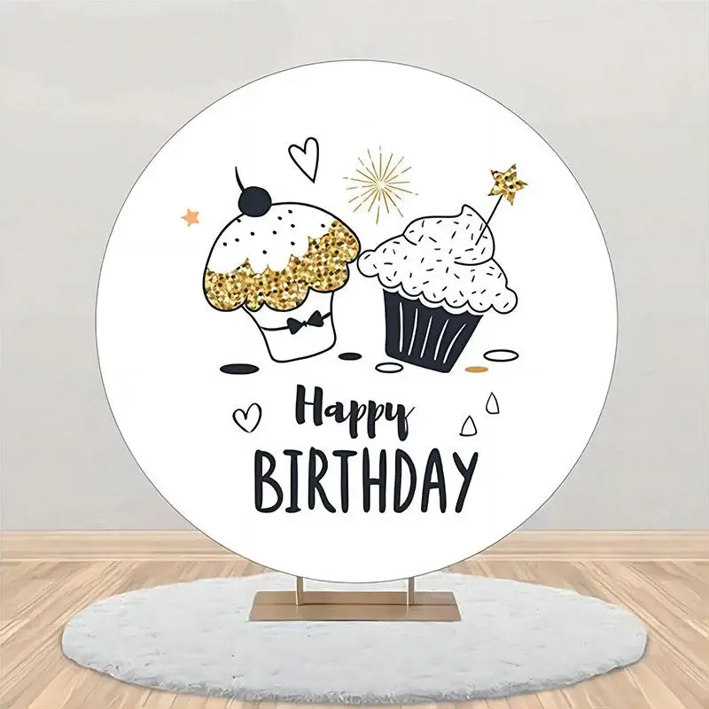 Cupcakes Heart Star Simple Round Birthday Backdrop - Aperturee