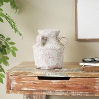 Cream Ceramic  Antique Style Textured Decorative Vase with Arched Handles, 9\