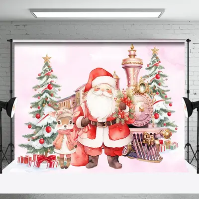 Cute Deer Santa Claus Train Pink Christmas Backdrop - Aperturee