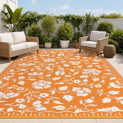 Garvee 8x10 Outdoor Rug Floral Waterproof Camping Rug Vintage Plastic Straw Rug Orange Portable UV Resistant