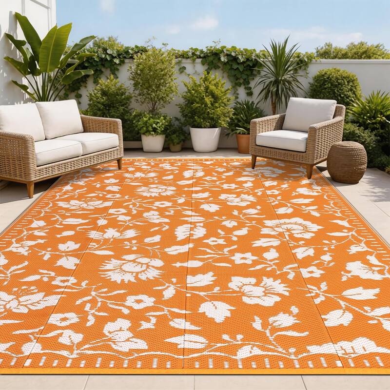 Garvee 8x10 Outdoor Rug Floral Waterproof Camping Rug Vintage Plastic Straw Rug Orange Portable UV Resistant