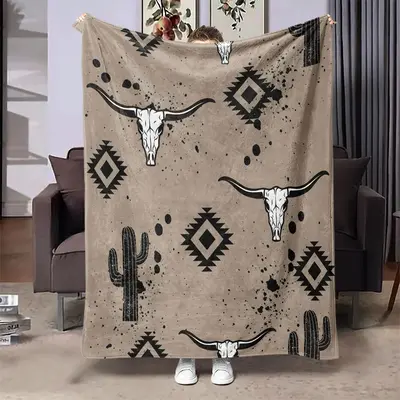 Western Desert Cactus & Bull Head Pattern Blanket, Soft Throw Blanket, Air-conditioned Room Blanket, Warm Nap Blanket for Hom...