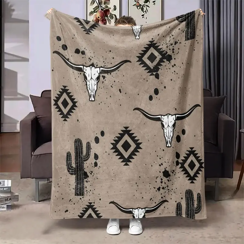 Western Desert Cactus & Bull Head Pattern Blanket, Soft Throw Blanket, Air-conditioned Room Blanket, Warm Nap Blanket for Hom...