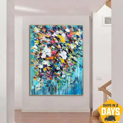 Original Flowers Paintings On Canvas Blue Painting Green Modern Textured Painting Oil Painting Modern Artwork Decor | COLORFU...