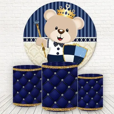 Aperturee Glitter Blue Teddy Bear Round Happy Birthday Backdrop Kit | Circle Background For Party | Custom Round Backdrop | R...