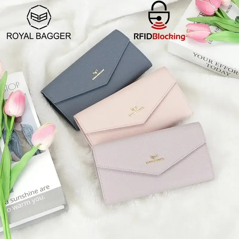 Royal Bagger Envelop Long Wallet - RFID Blocking Simple Solid Color Multi-card Slots Card Holder Genuine Leather Purse 2480