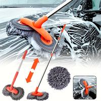 53'' Long handle car wash mop, brush head 360° rotating, microfiber material, retractable aluminum alloy rod car wash brush ...