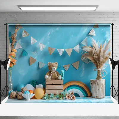 Aperturee Blue Wall Rainbw Boho Hay Bear Cake Smash Backdrop, 3X2FT(1MX0.6M), 14 USD, birthday cake smash backdrops, NYHD1I68...