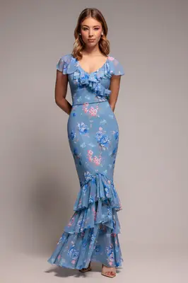 Goddiva Floral Printed Chiffon Ruffle Maxi - Blue