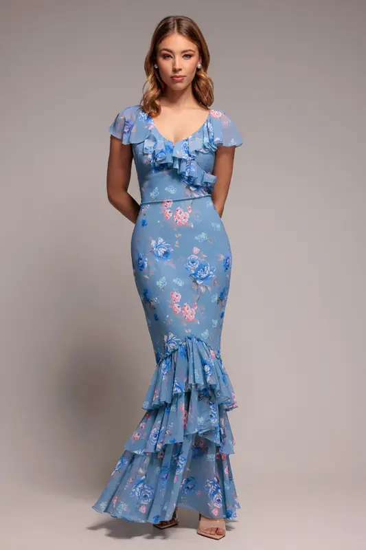 Goddiva Floral Printed Chiffon Ruffle Maxi - Blue