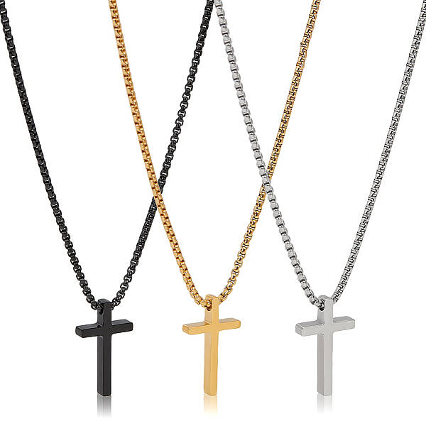 3Pcs 3 Colors Stainless Steel Cross Pendant Necklace with Box Chains