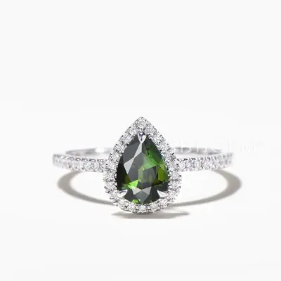 1.25CT Pear Cut Natural Green Tourmaline Engagement Ring Diamond Halo Ring