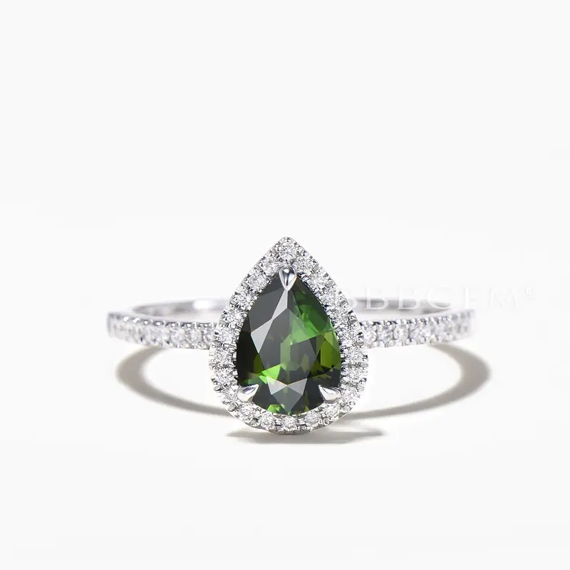 1.25CT Pear Cut Natural Green Tourmaline Engagement Ring Diamond Halo Ring