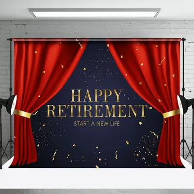 Start A New Life Red Curtain Retirement Backdrop - Aperturee