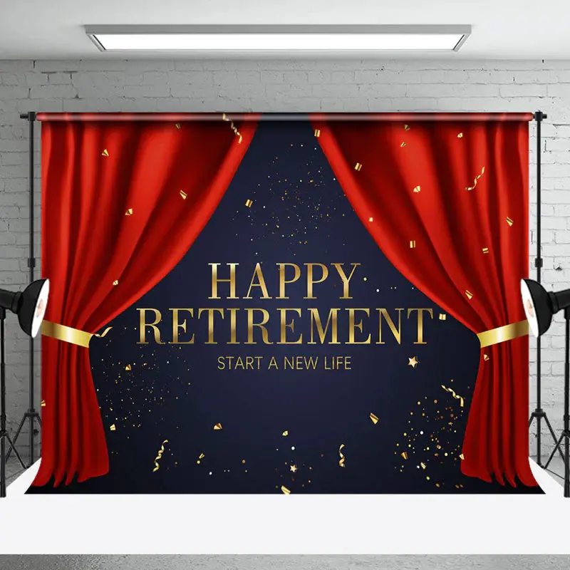 Start A New Life Red Curtain Retirement Backdrop - Aperturee