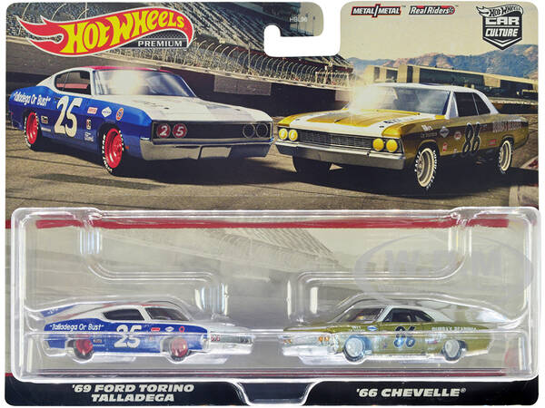 1969 Ford Torino Talladega 25 White and Blue with Red Top and 1966 Chevrolet Chevelle 86 Gold with White Top \
