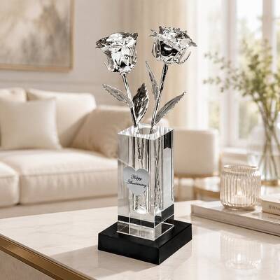 2 Illuminated 8 Platinum Roses in 4.5 Personalized Crystal Vase