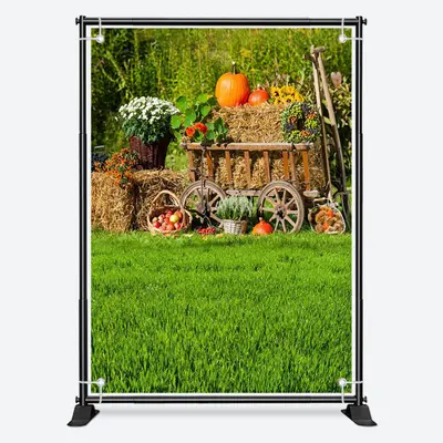 Green Grass Floral Fruit Wooden Cart Spring Backdrop - Aperturee