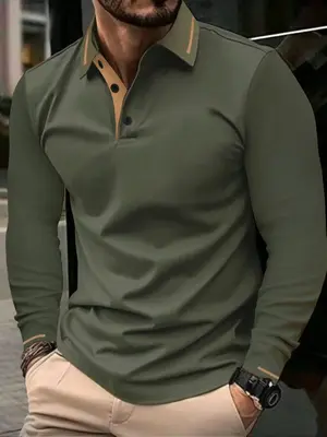Men's Regular Fit Longsleeves Polo Shirt, Fashion Button Collared Top for Spring & Fall, Men's Summer Casual Clothes for Dail...