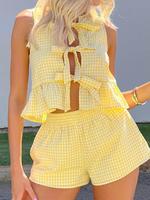 Women's Plaid Print Bow Crop Top & Shorts Two-Piece Set, Casual Fashion Sleeveless Top & Shorts for Daily Outdoor Wear, Ladi...