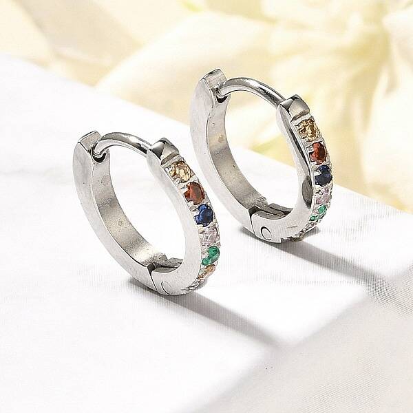 304 Stainless Steel Micro Pave Cubic Zirconia Huggie Hoop Earrings