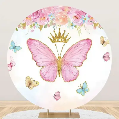 Pink Floral Butterfly Crown Round Birthday Backdrop - Aperturee