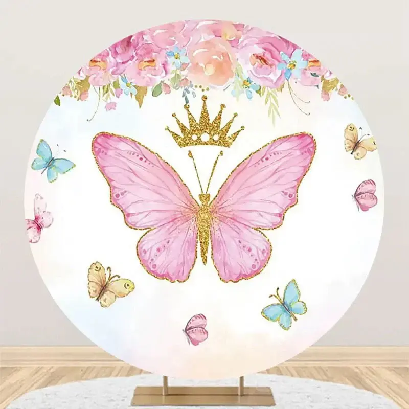 Pink Floral Butterfly Crown Round Birthday Backdrop - Aperturee