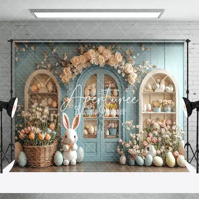 Aperturee Light Blue Floral Shelf Bunny Easter Photo Backdrop, 3X2FT(1MX0.6M), 14 USD, easter backdrops, ENHD3J19-M