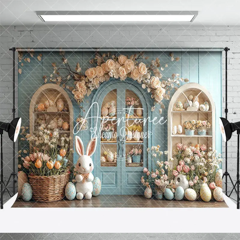 Aperturee Light Blue Floral Shelf Bunny Easter Photo Backdrop, 3X2FT(1MX0.6M), 14 USD, easter backdrops, ENHD3J19-M