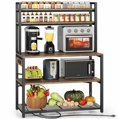 39.4 Inch Wide Large Bakers Rack with 3 Power Outlets, 5 Tiers Microwave Stand with Storage, Freestanding Kitchen Stand, Coff...