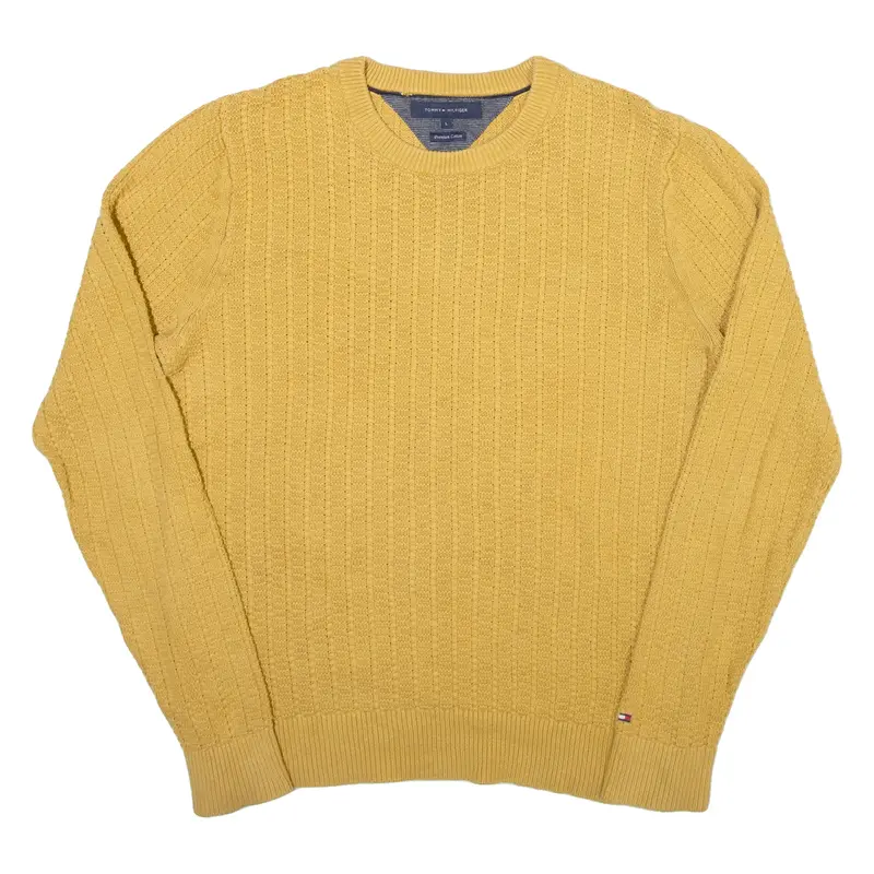 TOMMY HILFIGER Mens Jumper Yellow Waffle Knit L