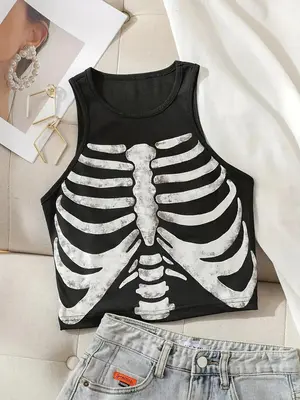 Women's Skeleton Print Round Neck Tank Top, Summer Clothes Women, Fashion Casual Crew Neck Sleeveless Top For Daily Holiday ...