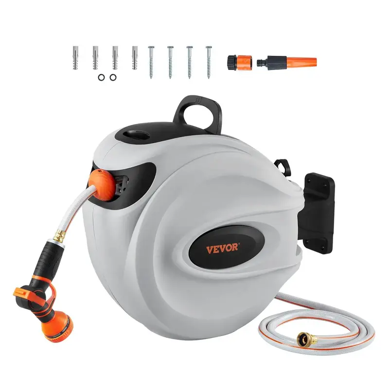 VEVOR Retractable Hose Reel, Max 130 FT Garden Water Hose Reel with 9-Pattern Nozzle, 180° Swivel Bracket Wall-Mounted, Auto...