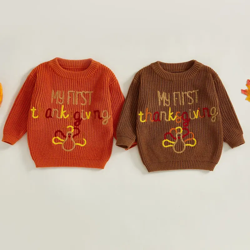 Infant Baby Boy Thanksgiving Sweater Casual Letter Turkey Embroidery Infant Pullover Knitwear Warm Clothes 0-18 Months