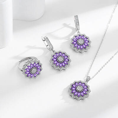 Flower Brass Micro Pave Cubic Zirconia Jewelry Set