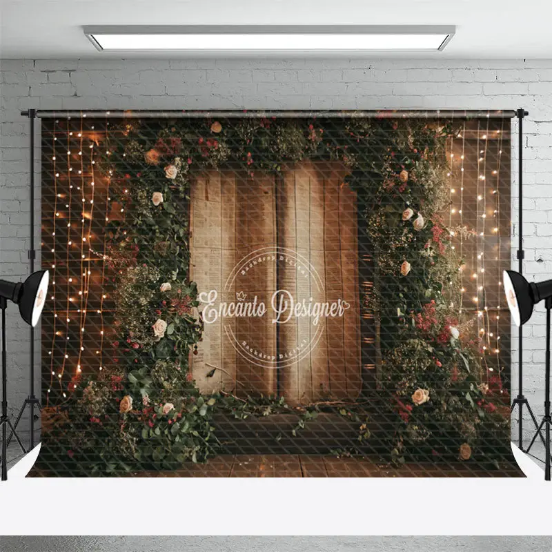 Green Wreath Book Light Strings Wood Wall Backdrop - Aperturee