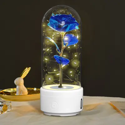 2-in-1 Rose Flowers LED Light & Bluetooth Speaker | Color: White Base Blue Flower