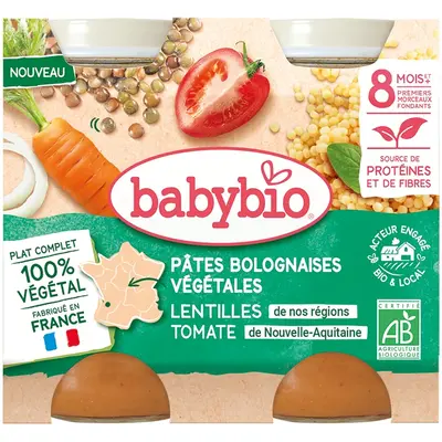 Babybio Midi Vegetarian Jars Vegetable Bolognese Pasta - 8 Months and + - Lentils, Tomato 2x200g