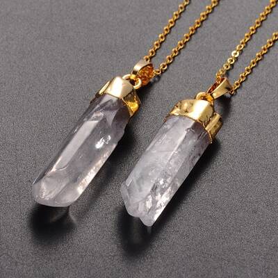 Brass Natural Crystal Pencil Pendant Necklaces