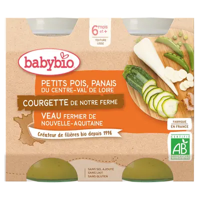 Babybio Midi Jars - 6 months and more - Peas, Parsnips, Courgette, Veal - ORGANIC 2x200 g