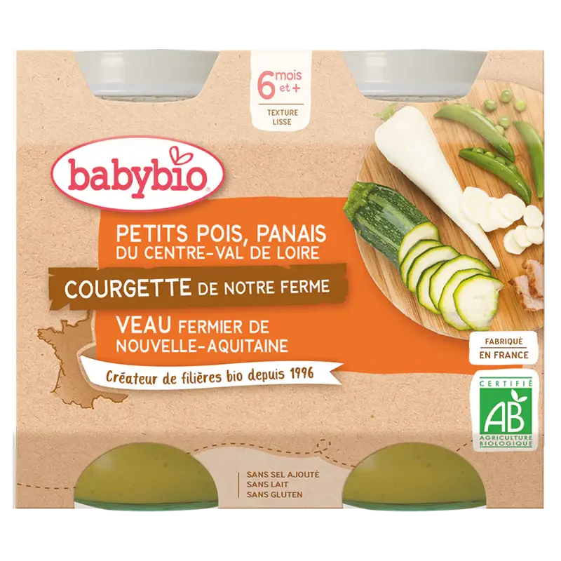 Babybio Midi Jars - 6 months and more - Peas, Parsnips, Courgette, Veal - ORGANIC 2x200 g