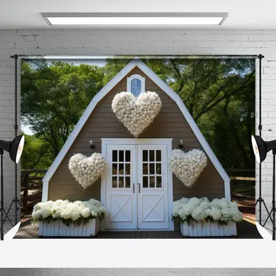 White Floral Wooden House Valentines Day Backdrop - Aperturee