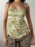 Women's Floral Print Contrast Lace Lettuce Trim Crop Cami Top, Boho Tie Shoulder Spaghetti Strap Top for Summer, Tank Tops fo...