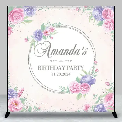 Personalized Purple Pink Flowers Birthday Backdrop