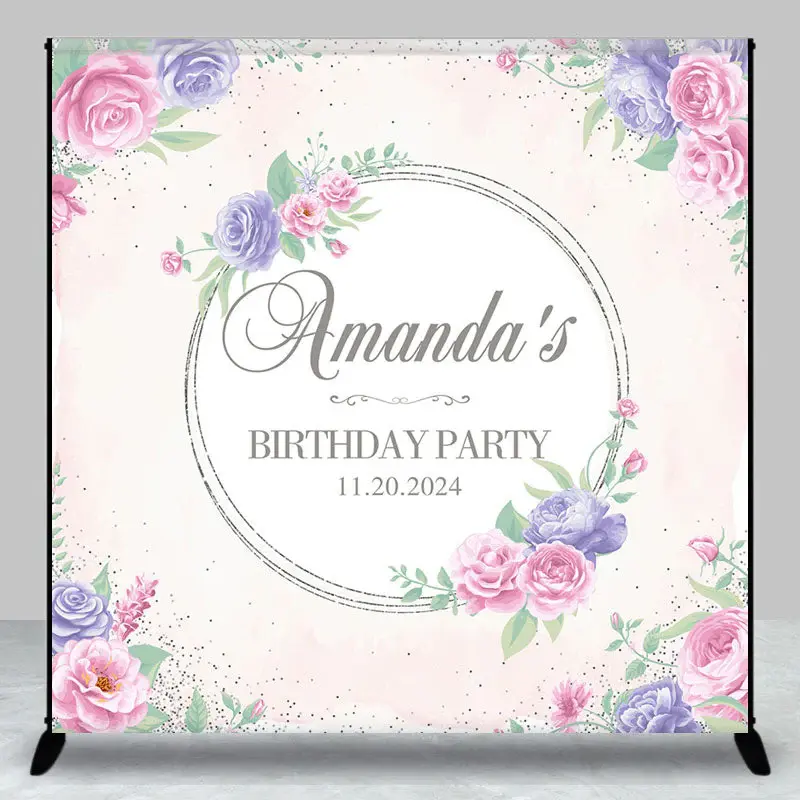 Personalized Purple Pink Flowers Birthday Backdrop