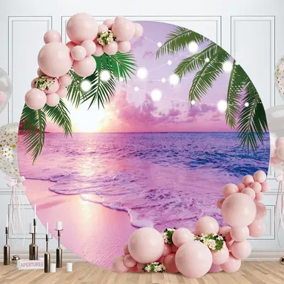 Hawaii Sunset Beach Coconut Tree Round Backdrop - Aperturee