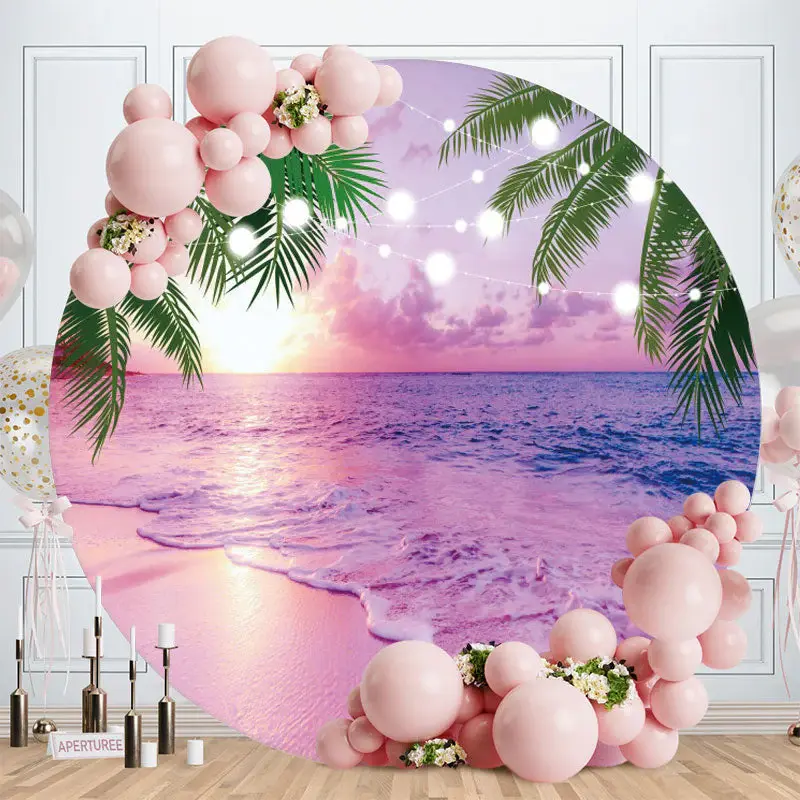 Hawaii Sunset Beach Coconut Tree Round Backdrop - Aperturee