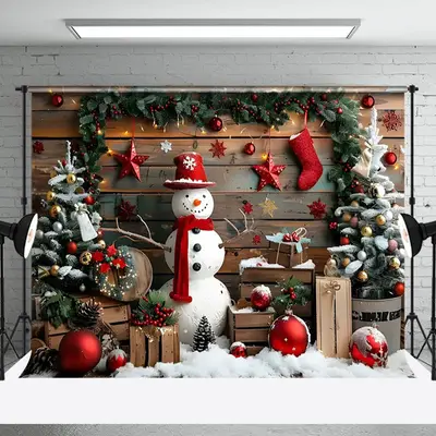 Aperturee Wood Board Snowman Christmas Baubles Photo Backdrop